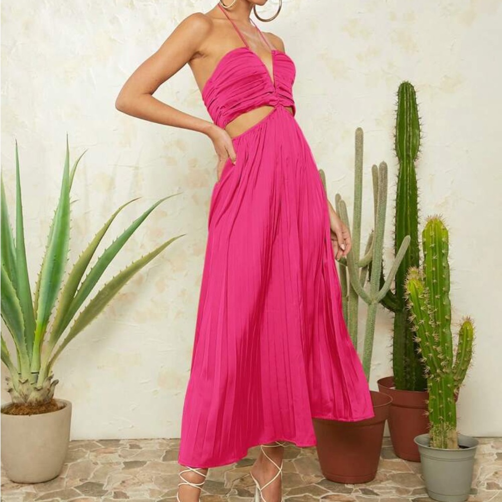 Pink Cut Out Ruched Halter neck pleated Satin midi Dress- straps can criss cross - Picture 2 of 14